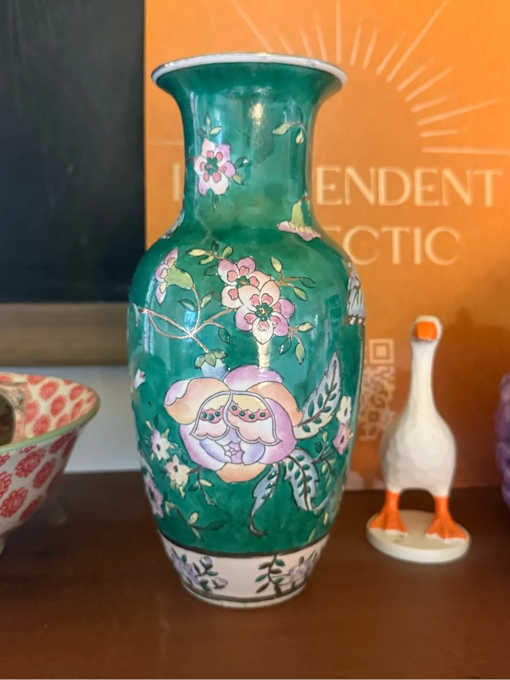 Vintage Green Floral Ceramic Vase - Home Accents
